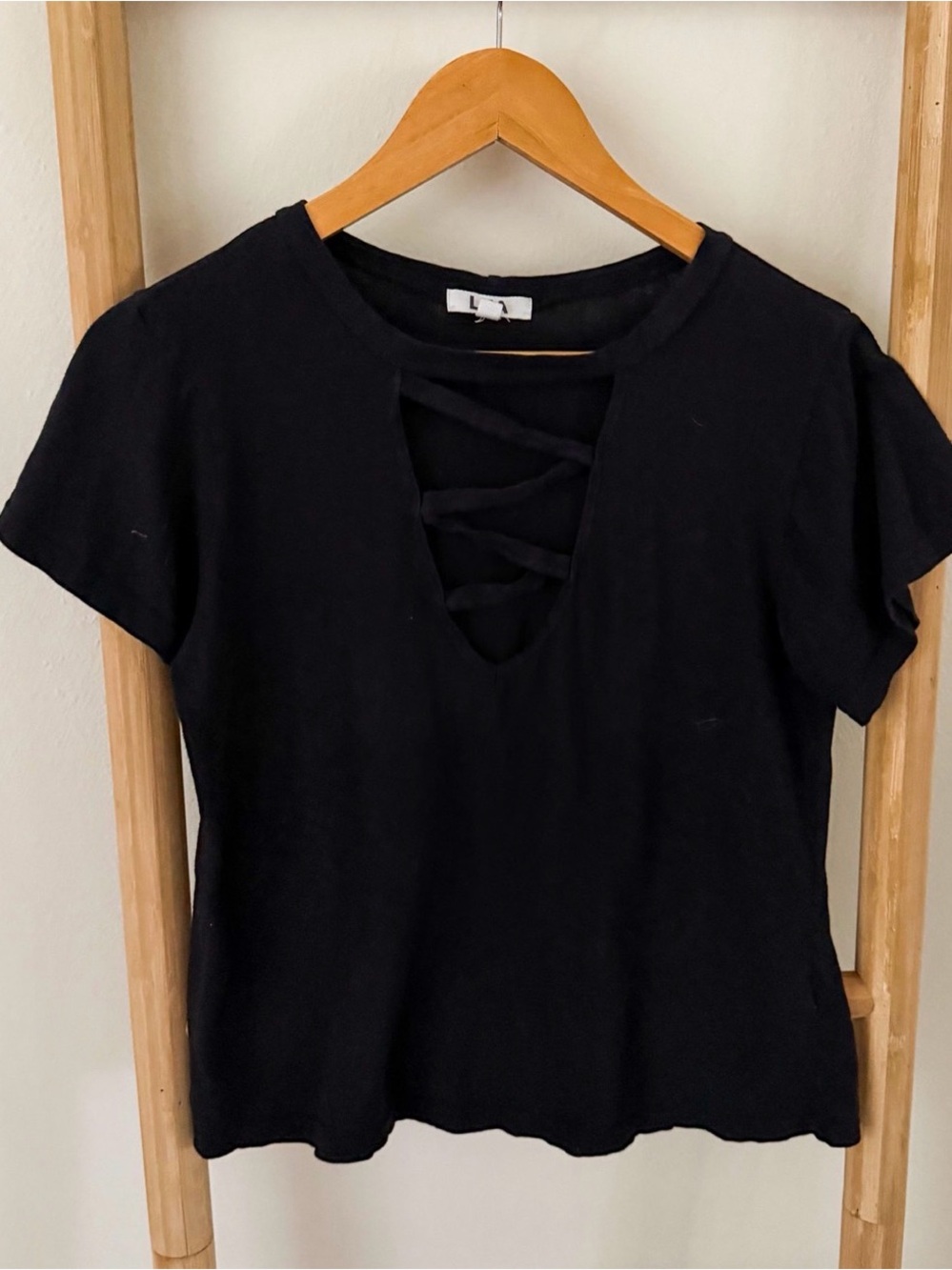 LNA Black Criss Cross V-Neck Cotton Tee T-Shirt Made in USA XS